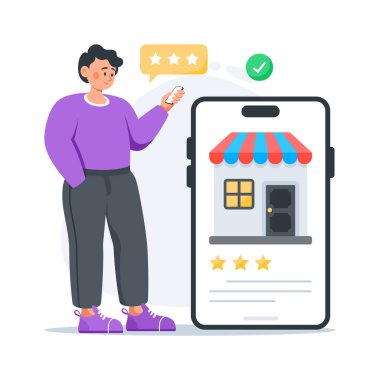 Çevrimiçi alışveriş uygulamasına olumlu not veren bir adamın düz çizimi