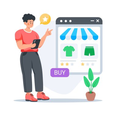 Adamın internetten kıyafet satın alması e ticaret sitesi, konsept düz vektör