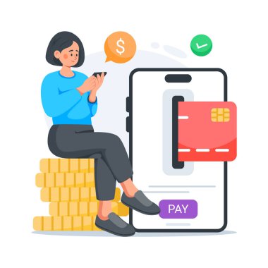 Çevrimiçi ödeme için cep telefonu tutan bir kadın, modaya uygun düz çizimler