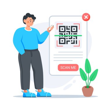 Çevrimiçi ödeme veya depolama teklifi için QR kodunu tarayan adam, düz vektör illüstrasyonu