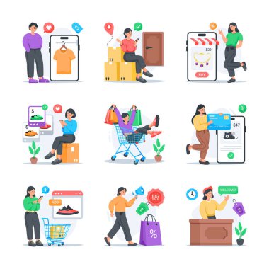 Modern tarzda iyi tasarlanmış ekommerce ve online alışveriş tarzı çizimler.