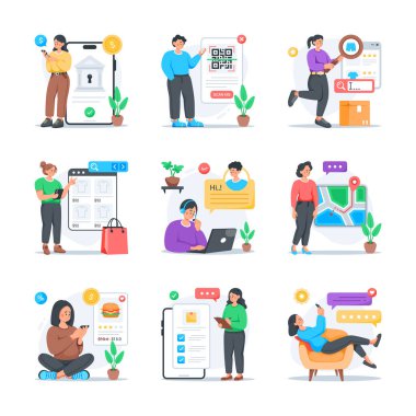 Yaratıcılık harikası online alışveriş ve ekommerce düz çizimler.