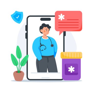 Çevrimiçi doktor danışmanlığı, mobil uygulama, teletıp ve sanal sağlık hizmetlerinin düz çizimi.