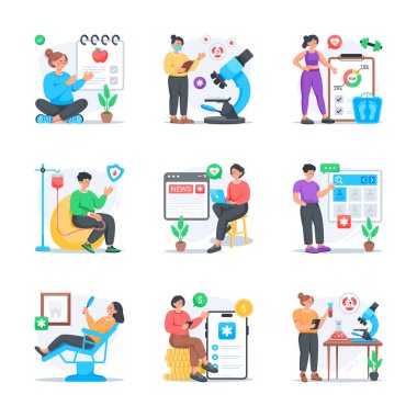 Tıbbi ve sağlık hizmetlerinin, birinci sınıf kullanımına hazır, yaratıcı bir şekilde tasarlanmış düz stil çizimleri