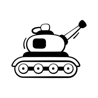 Karalama stilinde askeri tank simgesi, savunma, güç ve zırhlı taşımayı temsil ediyor..