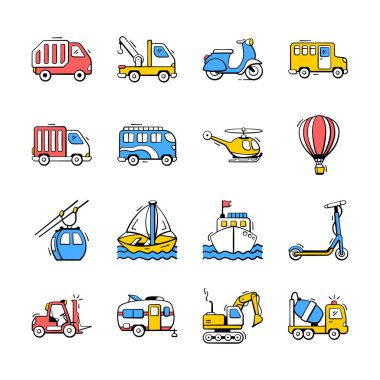 Modern doodle tarzı simgelerde özel araç koleksiyonunu düzenlemek kolay