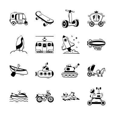 Ulaşım için kullanışlı bu el çizimi simgeleri paketini tut