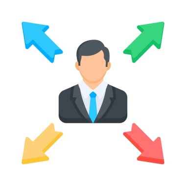 Karar verme ve liderliği temsil eden yönelimli okları olan bir iş adamı