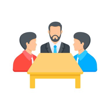 İş adamları masa etrafında strateji tartışıyor, iş toplantısının konsept düz vektörü