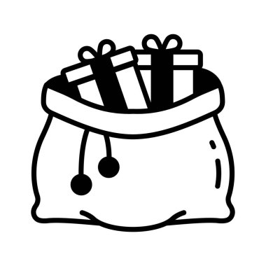 Noel hediyeleriyle dolu Noel Baba çuvalı, Noel hediyesi simgesini kullanmaya hazır.