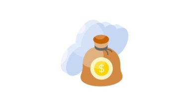 Bulutlu dolar çuvalı, bulut kazancı vektörü, bulut parasının izometrik animasyon simgesi.