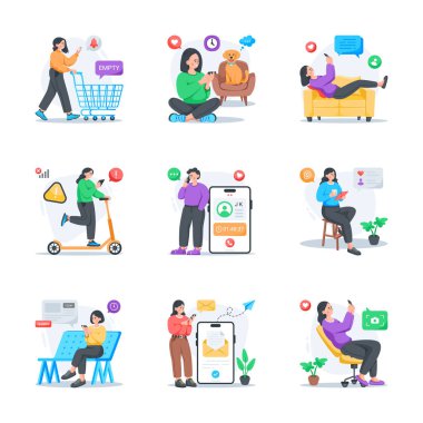 Modern tasarım tarzında fonkolik, mobil bağımlılık düz bir illüstrasyon koleksiyonu