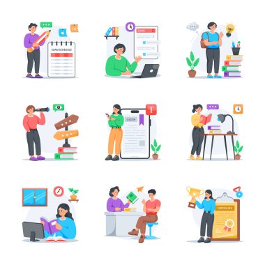 Okula ve eğitime dönüş koleksiyonu, düz stil çizimleri öğrenme