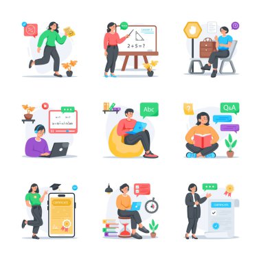 Okula ve eğitime dönüş setinin iyi tasarlanmış düz stil çizimleri