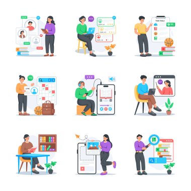 Modern düz tarzda yaratıcı bir eğitim ve öğrenme çizimi seti