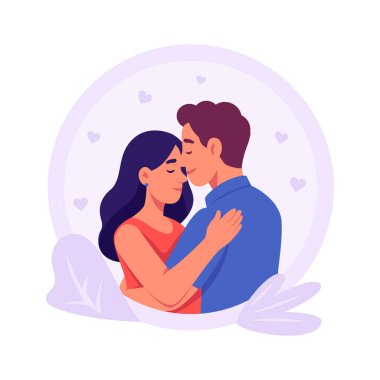 Romantik kucaklaşmanın bu muhteşem düz stil illüstrasyonuna ellerinizi koyun.