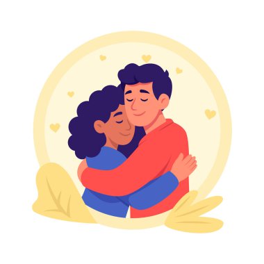 Sevgi ve duygusal bağlarla kucaklaşan tatlı çift, modern düz çizim..