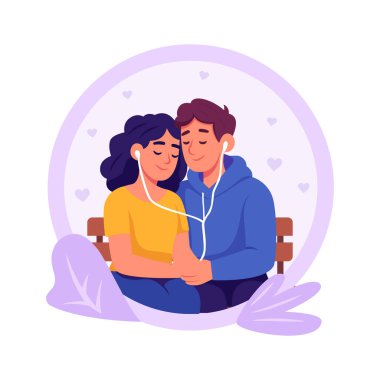 Birlikte müzik dinleyen romantik çiftin bu muhteşem düz stil illüstrasyonunu indirin.