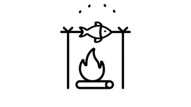 Açık bir kamp ateşinde ızgara yapan balığın basit bir animasyon simgesi..