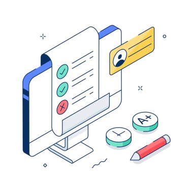 Çevrimiçi bir test veya değerlendirmeyi temsil eden Isometric illüstrasyon