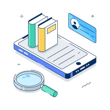 Çevrimiçi kütüphanenin modern izometrik konsepti ve dijital eğitim için e-kitaplar