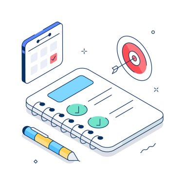 Verimlilik için öğrenci günlük görevlerini, not defterlerini ve kontrol listesini tasvir eden Isometric illüstrasyon