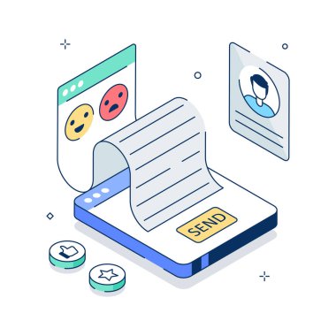 Mobil, derecelendirme ve eğitim değerlendirmesi yoluyla öğrenci geri bildirimi, izometrik illüstrasyon