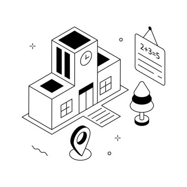 Modern okul mimarisi ve kampüs konumu izometrik illüstrasyon