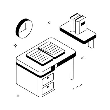 Kitapları ve saati olan bir çalışma masasını gösteren son moda izometrik çizim