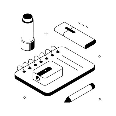 Not defteri, kalem ve okul malzemeleri, kırtasiyenin son derece izometrik çizimi