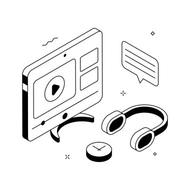 Bilgisayar ve kulaklıklar, çevrimiçi öğrenme, dijital eğitim kavramı izometrik illüstrasyon