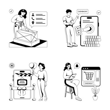 Çevrimiçi alışveriş ve ekommerce düz çizimler koleksiyonu