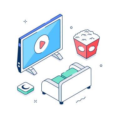 Patlamış mısır, televizyon ve kanepeli bir film gecesi sahnesi, 3 boyutlu izometrik illüstrasyon.