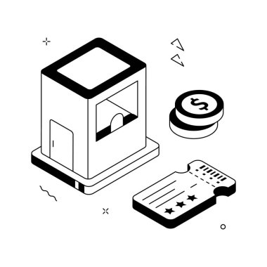 Bozuk paralar, biletler, etkinlik, sinema ya da oyun konseptleri için ideal bilet gişesinin Isometric illüstrasyonu