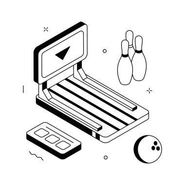 İğneler ve toplarla Isometric bowling salonu sahnesi, spor ve eğlence sektörünü temsil ediyor.