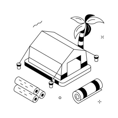 Seyahat ve eğlence konsepti için çadır ve palmiye ağaçlı Isometric kamp sahnesi