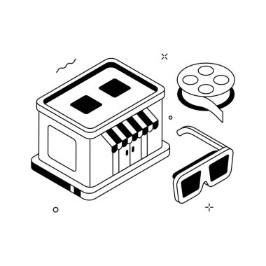 Isometric sinema salonu illüstrasyonu film ve eğlenceyi temsil eden makara ve bilet.
