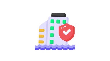 Ticari bina konsepti gösteren koruma kalkanı bina sigortası, ofis sigortası