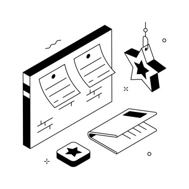 Yeni yıl dilekleri ve hedefleri için yıldızlar ve yapışkan notlar içeren Isometric not tahtası