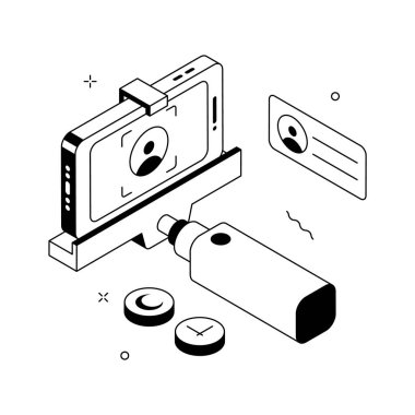 Akıllı telefon ve aksesuarlı bir selfie kurulumunun Isometric çizimi