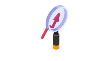 Yukarı yönlü bir eğilim okuna odaklanan büyüteç simgesinin Isometric animasyon simgesi.