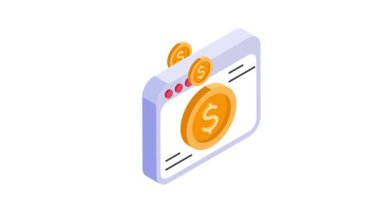 Çevrimiçi finansı temsil eden bir dolar madeni para sembollü web sayfasının Isometric illüstrasyonu.