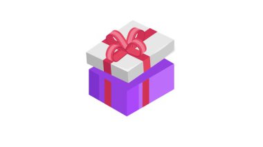 Modern tarzda hediye kutusunun izometrik animasyon simgesiyle paketlenmiş hediye kutusu.