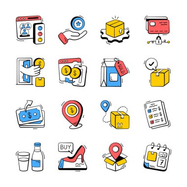 Bu yaratıcı el yapımı alışveriş ve ekommerce el çizimi simgelerini indir