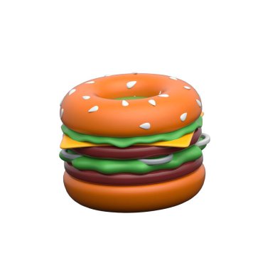 Peynir ve sebze katmanlı 3D burger, yemek teslimatı ve restoran için harika.