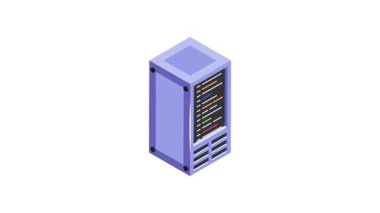 Veri depolama için kullanılan renkli göstergelere sahip bir sunucu rafının Isometric simgesi canlandırması