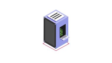Veri depolama için kullanılan renkli göstergelere sahip bir sunucu rafının Isometric simgesi canlandırması