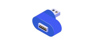Isometric USB bağlantı simgesi canlandırması, veri transferi, bağlantı ve çevresel bağlantıları temsil eder
