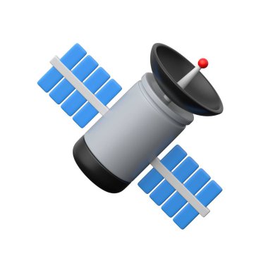 Gerçekçi 3D uydu simgesi, küresel iletişim, sinyal iletimi ve İnternet bağlantısı