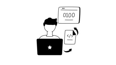 Dizüstü bilgisayarda kodlanan bir yazılım geliştiricisini temsil eden canlandırılmış simge.